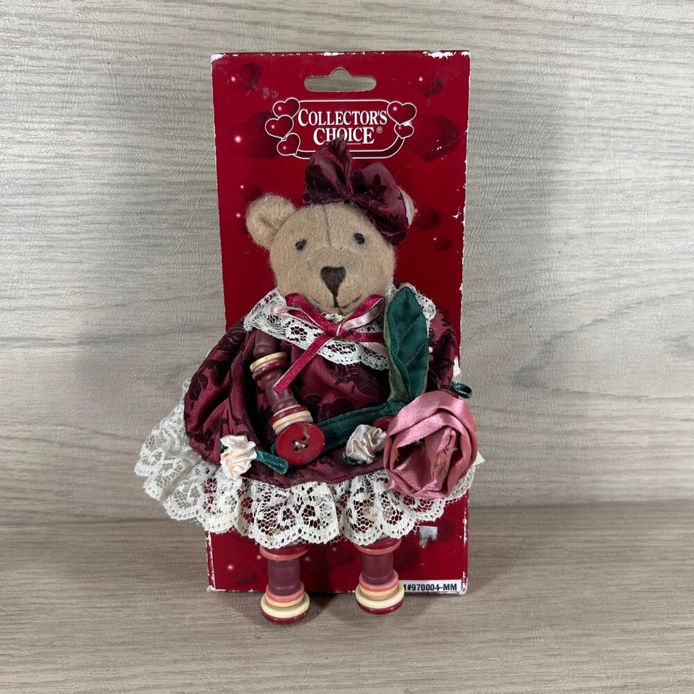 Teddy Bear Doll In Burgundy Lace Dress Button Legs Collectors Choice Decor